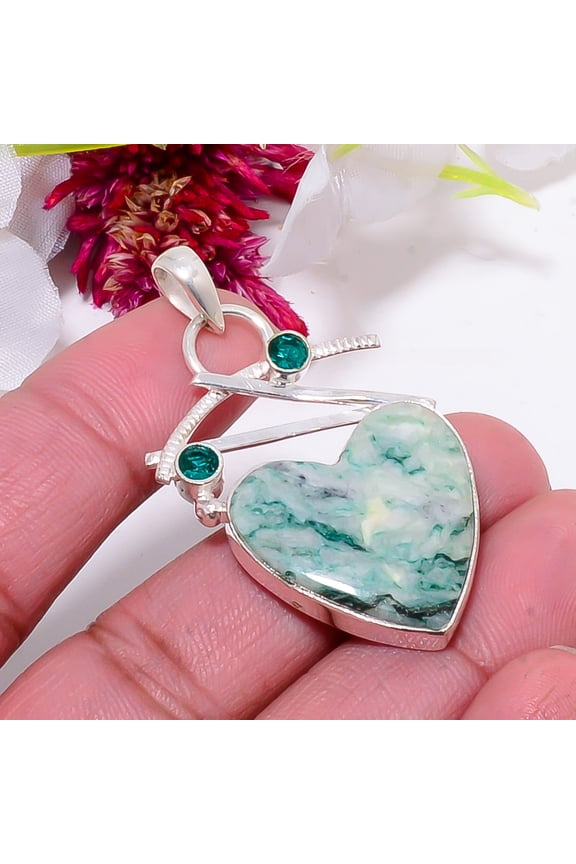 Heart - Tree Agate - Australia & Teal Tourmaline Designer Handmade 925 Sterling Silver Pendant 1.95" Sku32, Green Pendant, Natural Gemstone Pendant