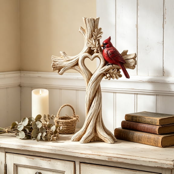 Heart Tree Cross Resin Ornament - 8" Christian Tabletop Decor with Cardinal Bird, Rustic Memorial Sympathy Gift for Home Living Room Mantel Shelf
