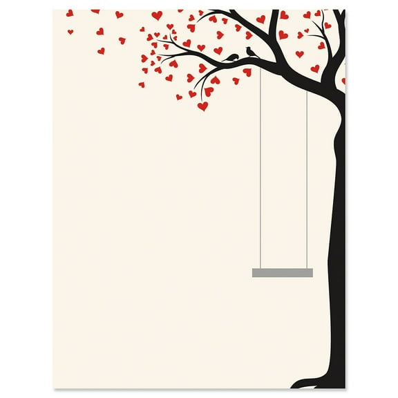 Heart Tree Swing Letter Papers - Set of 25 Valentine'stationery papers are 8 1/2" x 11", compatible computer paper, great for Weddings Announcements, Anniversary Invitations, Valentine's Day Party