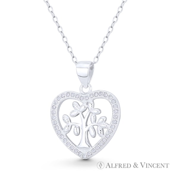 Heart & Tree-of-Life Charm CZ Crystal Pave 23x18mm Pendant & Chain Necklace in .925 Sterling Silver