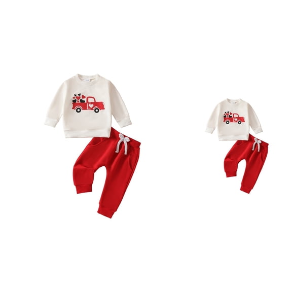 Heart Truck Print Long Sleeve Hoodie and Trousers Two-Piece Set for Toddler Baby Boy, Valentine's Day Outfit, Spring Farm Clothes