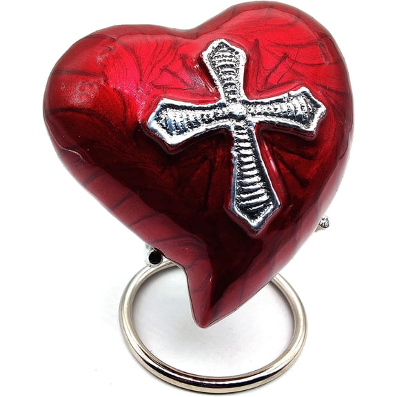 Heart Urn for Human Ashes - RED religious cross Heart Cremation Urn for everyones - Mini Urn with Box & Stand - Heart Shaped Memorial Urn - Small Keepsake Urn Heart - Honor Your Loved One with Urn