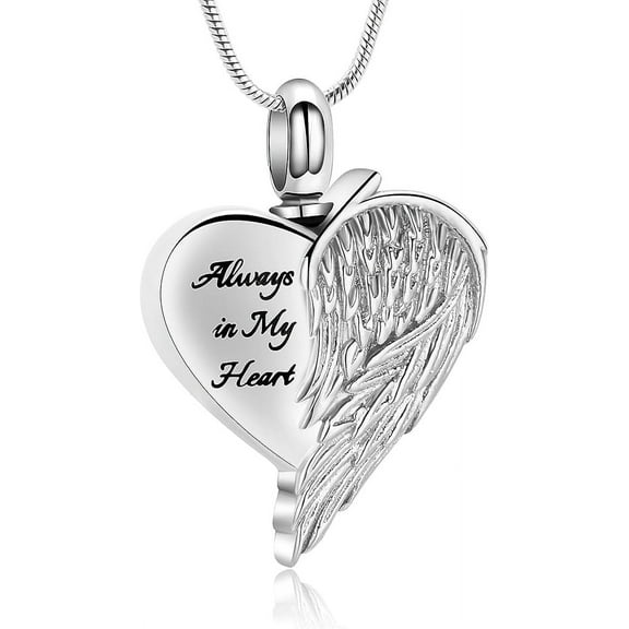 Heart Urn Necklace for Ashes Angel Wings Cremation Jewelry for Ashes -Always In My Heart Ashes for Women