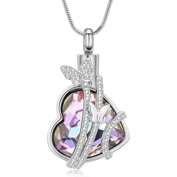 Heart Urn Necklace for Ashes Crystal Butterfly Cremation Jewelry Ashes Pendant Memorial Urn Locket Keepsake Necklace Gift for Women