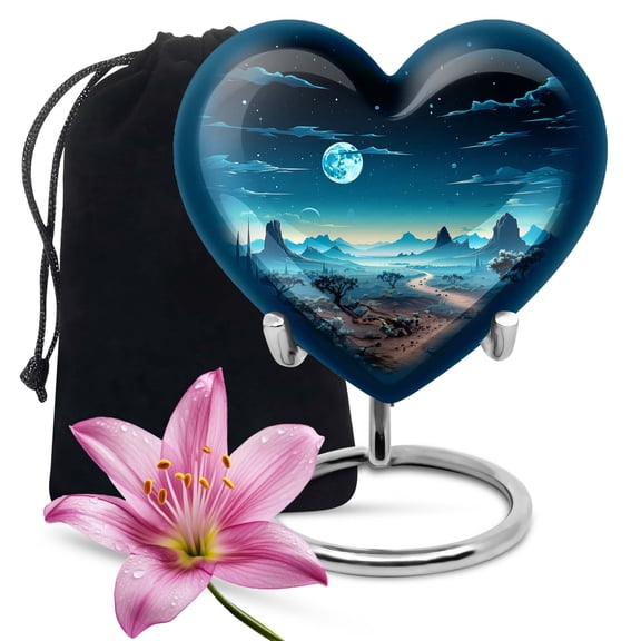 Heart Urn With Stand, Desert Moonrise Urn For Ashes Adult Male, Urns For Human Ashes, Cremation Urn With Velvet Bag, Urns For Human Ashes Adult Male, Cremation Urn For Ashes, 8 Inch