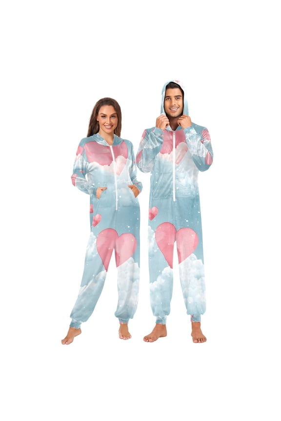 Heart Wallpaper Clouds Adult Onesie Pajamas Slim Fit Christmas One Piece Suit Pjs for Women and Men Hooded Zipper