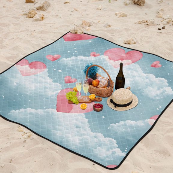 Heart Wallpaper Clouds Beach Blanket Outdoor Picnic Mat Sandproof Waterproof Foldable for Camping Travel Hiking