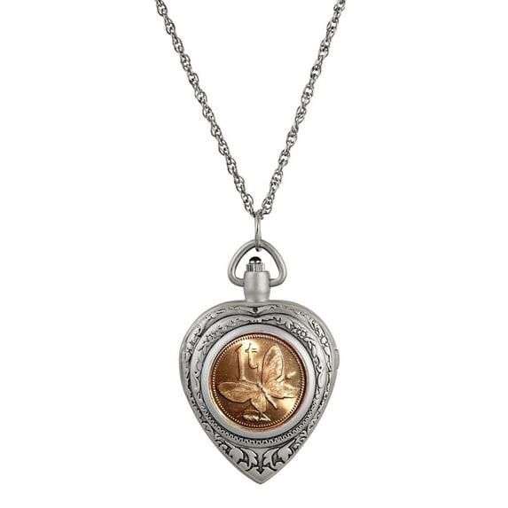 Heart Watch Pendant Coin Necklace Locket with Genuine Butterfly Coin | 30-inch Rope Chain
