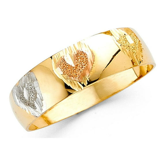 Heart Wedding Band Solid 14k Yellow White Rose Gold Ring Diamond Cut Dome Style Tri Color 6 mm, Size 8.5
