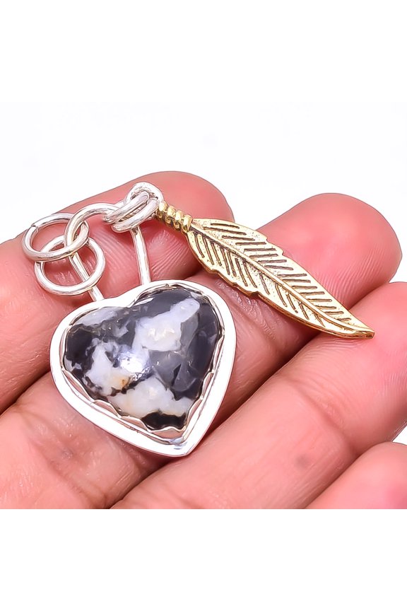 Heart -White Buffalo Turquoise -Nevada 925 Silver Plated Two Tone Designer Pendant 1.56", Black & White White Buffalo Pendant P_8053_329_87