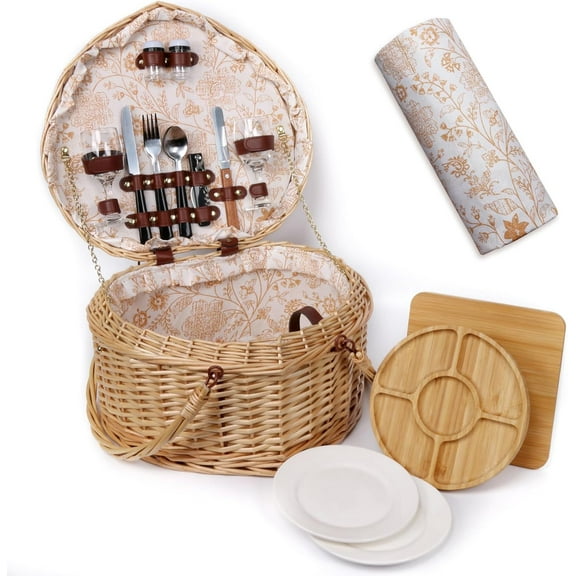 Heart Wicker Picnic Basket for 2 Person Set with Blanket & Bamboo Plate & Cheese Board, Couples Gifts, Wedding Gifts, Engagement Gifts (Y2405)