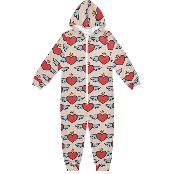Heart Wings Crown Pattern One Piece Pajamas Soft Jumpsuit Cozy Sleep and Play Romper Zipper and Pockets 5T-6T