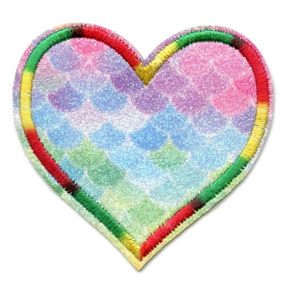 Heart With Light Rainbow Mermaid Scales Colorful Border Iron On Glitter Sparkle Patch Bling