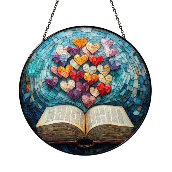 Heart and Book Stained Glass Window Panel, Colorful Heart Design, Literary Inspired Home Decor, Perfect Gift for Valentine’s Day