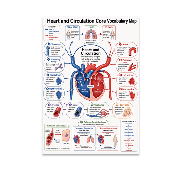 Heart and Circulation Core Vocabulary Map Poster, Biology Education, Health Classrooms, and Anatomy Enthusiasts, 13x19 Glossy Paper
