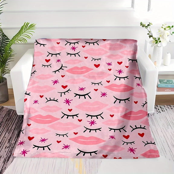 Heart and Eyelash Lipstick Pattern All season Warm Throw Blanket a Gift for Family and Friends