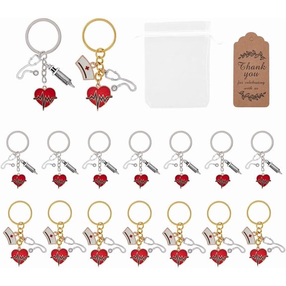 Heart and Flat Round Keychains with Furit and Flower Pendants Personalized Keyrings with Card and Envelopes for DIY