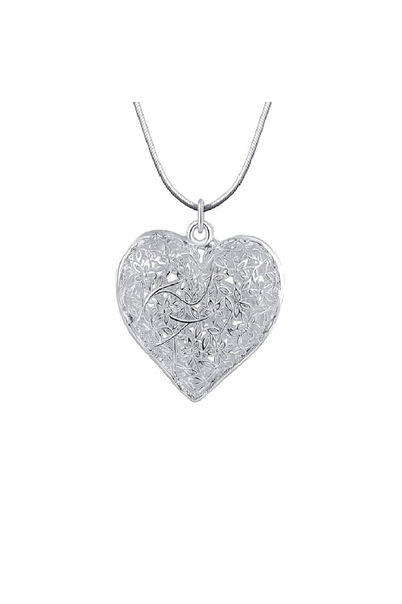 Heart and Flowers Sterling Silver Pendant Necklace