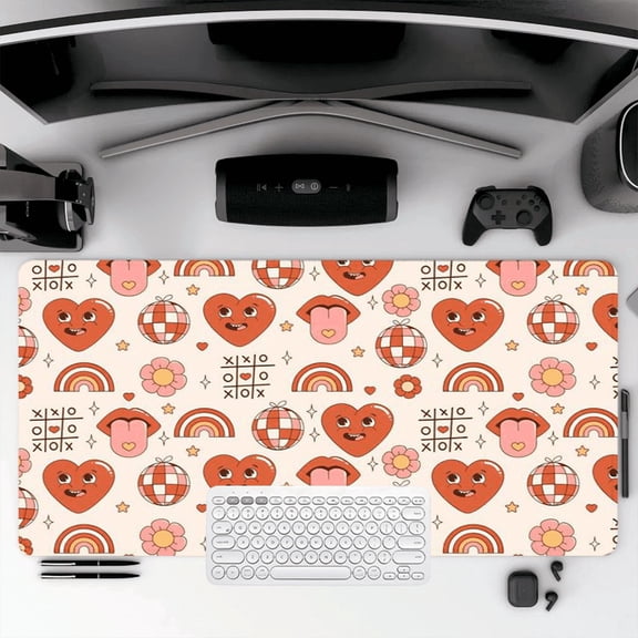 Heart and Rainbow Pattern Mouse Pad 35.4 x 15.8 Inches Rubber Desk Mat with Cute Emoji Design for Office, Gaming, Home Use