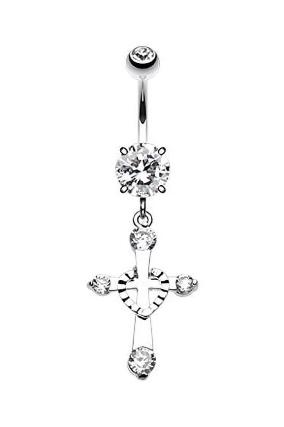 Heart in Cross Belly Button Ring Clear 14G