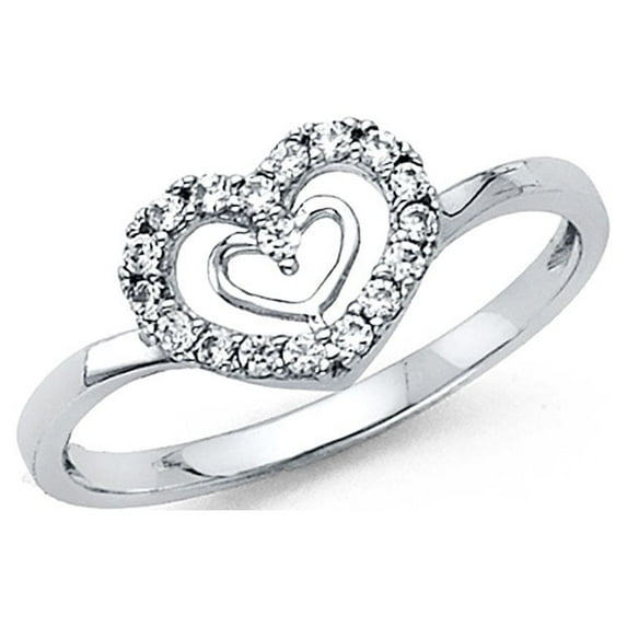 Heart n Heart Ring 14k White Gold CZ Love Band Right Hand Promise Ring Curve Stylish Size 8