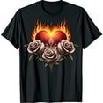 thumbnail image 1 of Heart on Fire Graphic Black T-Shirt with Elegant Roses Design Bold & Unique, 1 of 5