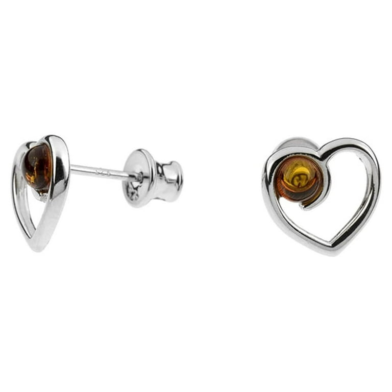 Heart shape Cognac Color Baltic Amber Earrings in Sterling Silver