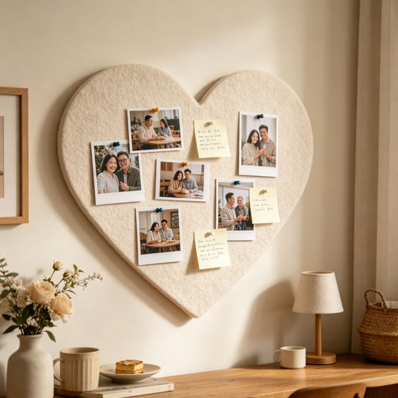 Heart-shaped Bulletin Board, 16" Decorative Felt Pin Board, Vision Board Cork Board Alternative for Wall, Foldable Photo Board Self-Adhesive Vision Board Mood Board for Home Decor & Display, Khaki