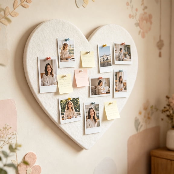 Heart-shaped Bulletin Board, 16" Decorative Felt Pin Board, Vision Board Cork Board Alternative for Wall, Foldable Photo Board Self-Adhesive Vision Board Mood Board for Home Decor & Display, White