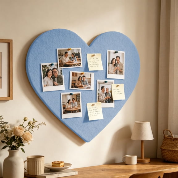 Heart-shaped Bulletin Board, 16" Decorative Felt Pin Board, Vision Board Cork Board Alternative for Wall, Foldable Photo Board Self-Adhesive Vision Board Mood Board for Home Decor & Display, Blue