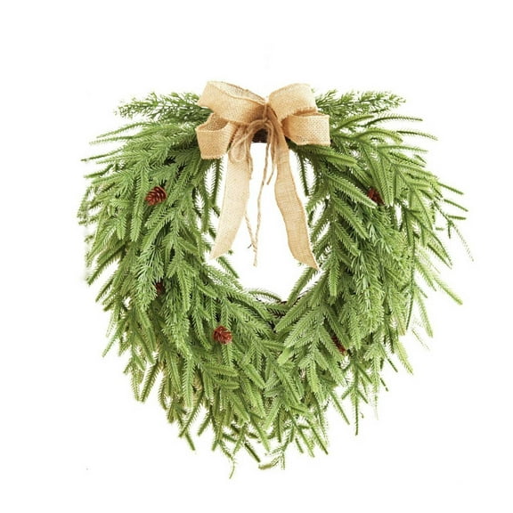Heart-shaped Christmas Norfolk Pine Wreaths for Front Door 20", Real Touch Heart Xmas Winter Wreath with Burlap Bow for DIY Window Outdoor Outside, Holiday Farmhouse Wreath for Indoor Decor