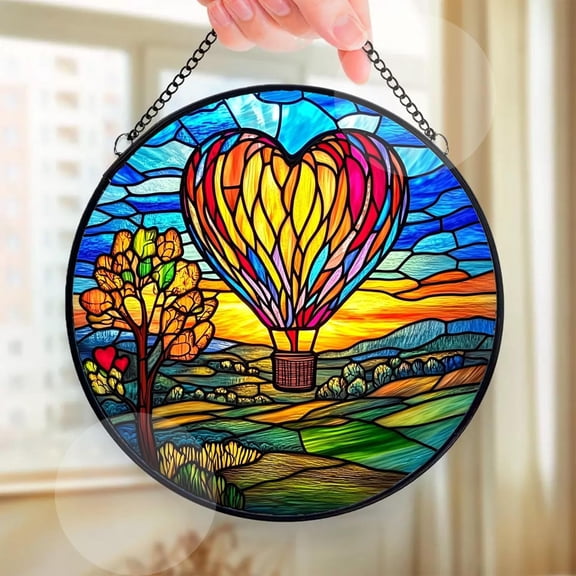 Heart-shaped Hot Air Balloon Sun Catcher Stained Glass Window Hanging Flower Lover Gifts for Women, Wall Decor Handmade Sun Catcher Decoration for Home Garden Housewarming Gifts Size 8in