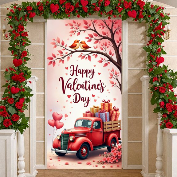 Heart-shaped Love Backdrop Bird Couple Romantic Display Gift Boxes Vintage Truck Valentine's Day Banner for Valentine's Day Party Romantic Date Anniversary Celebration