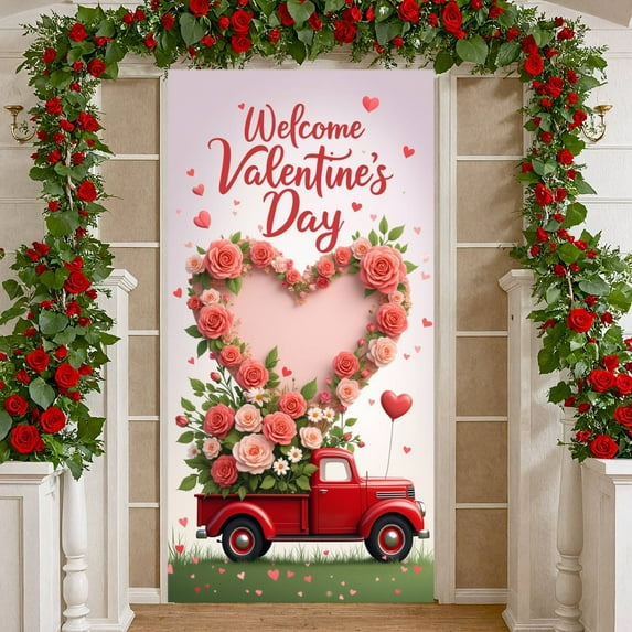 Heart-shaped Valentine's Day Banner Pink Roses Love Display Red Truck Green Leaves Heart Backdrop for Valentine's Day Party Romantic Celebration Indoor Decoration