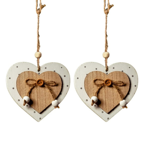 Heart-shaped Wooden Decorative 2Pcs Hanging Handmade Hearts Ornaments for Wedding Party Valentine Christmas Home Decoration Car Décor (H-#6, 2Pcs)