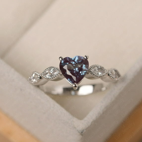 Heart shaped engagement ring, June birthstone, solid silver, alexandrite multi-stone milgrain ring
