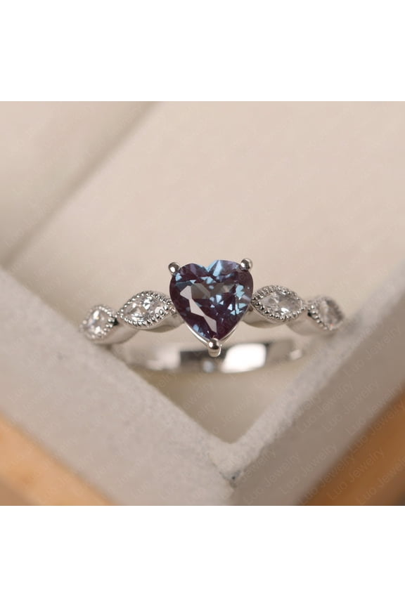Heart shaped engagement ring, June birthstone, solid silver, alexandrite multi-stone milgrain ring