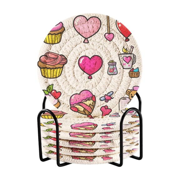 Heart-themed Illustrations 4in Bar Coasters Set of 6 with Storage Rack Durable Heat Resistant