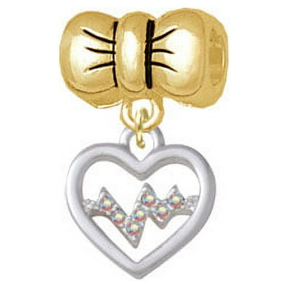 Heart with AB Crystal Heartbeat - Gold Tone Bow Charm Bead