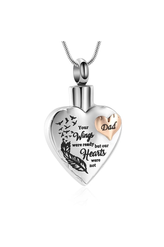 Heart-Shaped Dad Memorial Urn Necklace, Stainless Steel Cremation Jewelry for Ashes, Sympathy Gift for Loss of Father, Keepsake Pendant with "Your Wings Were Ready But Our Hearts Were Not" Engraving