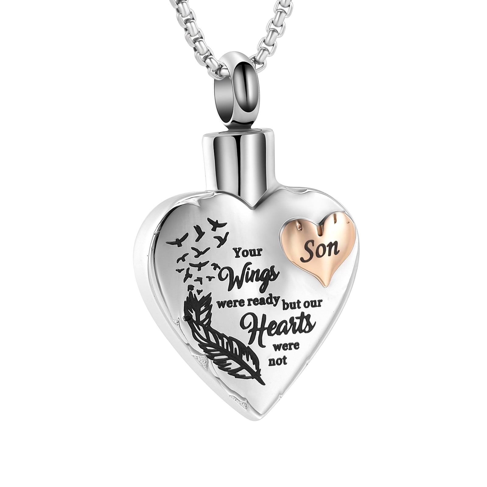 Heart with Angel Wing Print Cremation Jewelry for Ashes Holder Urn Necklace for Son Memorial Jewelry