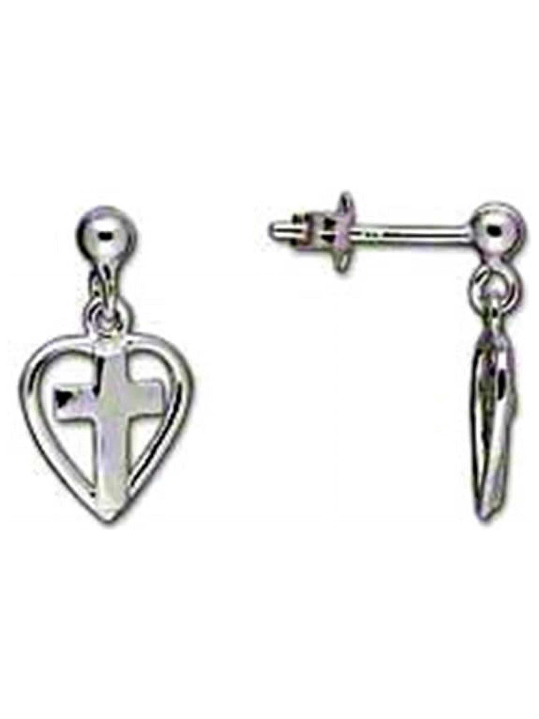 Heart with Cross Post Stud Dangle Earrings Sterling Silver Heart with Cross Post Stud Dangle Earrings Sterling Silver