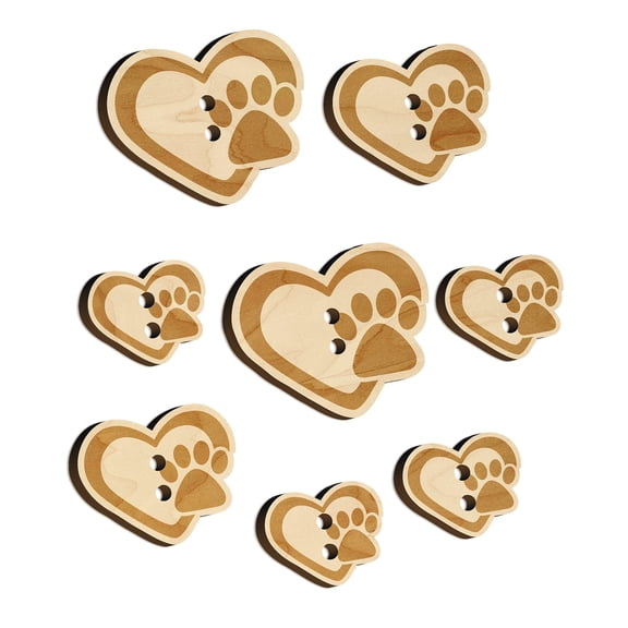 Heart with Paw Print Wood Buttons for Crochet Knitting Sewing DIY Craft - Various Sizes (8pcs)