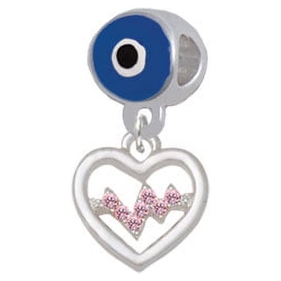 Heart with Pink Crystal Heartbeat - Blue Evil Eye Charm Bead