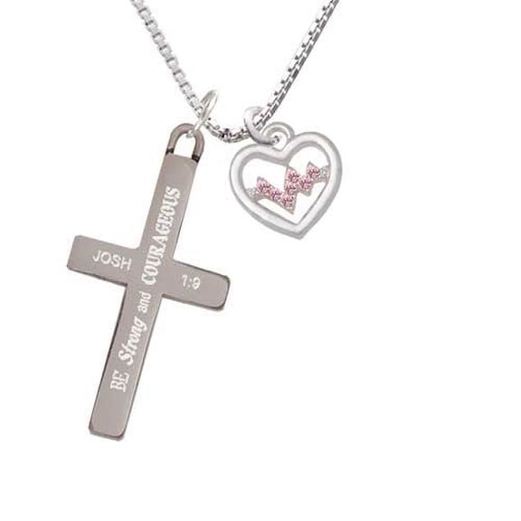 Heart with Pink Crystal Heartbeat - Strong and Courageous - Cross Necklace
