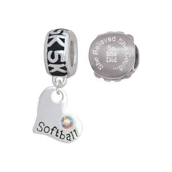 Heart with ''Softball'' and AB Crystal 5K Run She Believed She Could Charm Beads (Set of 2)