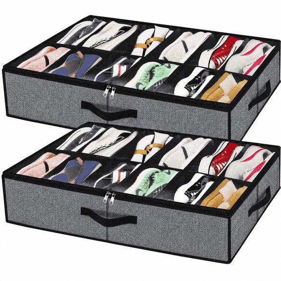 Qiucioku 2-Pack Under Bed Shoe Storage Organizer for Closet, Foldable Fabric Shoe Box with Clear Cover and Handles