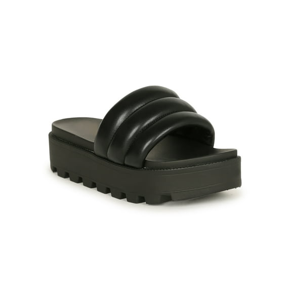 HeartThentic Puffy Padded Thick Strap Lugged Sole Open Toe Platform Ridged Treaded Flatform Sole Spring Summer Slide Sandals by Kayleen - Black Vegan Leather (Size: 8.5)
