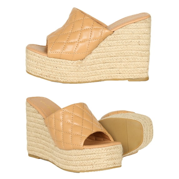 HeartThentic Women Platform Wedge Mules Espadrille Quilted Vamp Espadrille Spring Summer Lightweight Vegan Leather Wedge Mules by Kayleen