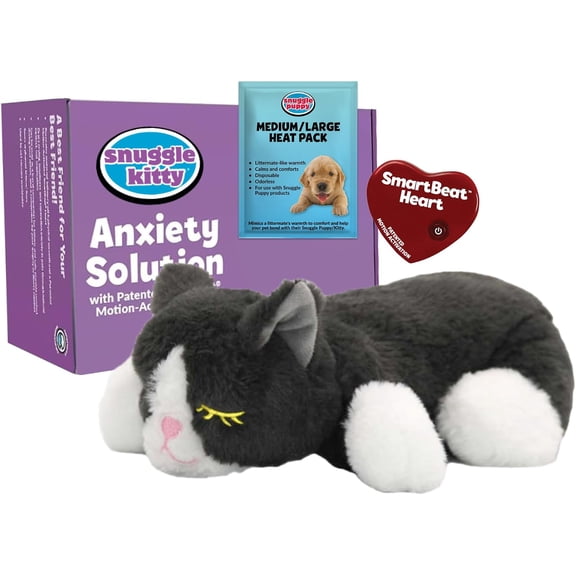 Heartbeat Cat Toy with Real-Feel Pulse and Heat Pack Calming Sleep Aid for Kittens and Cats Grey and White